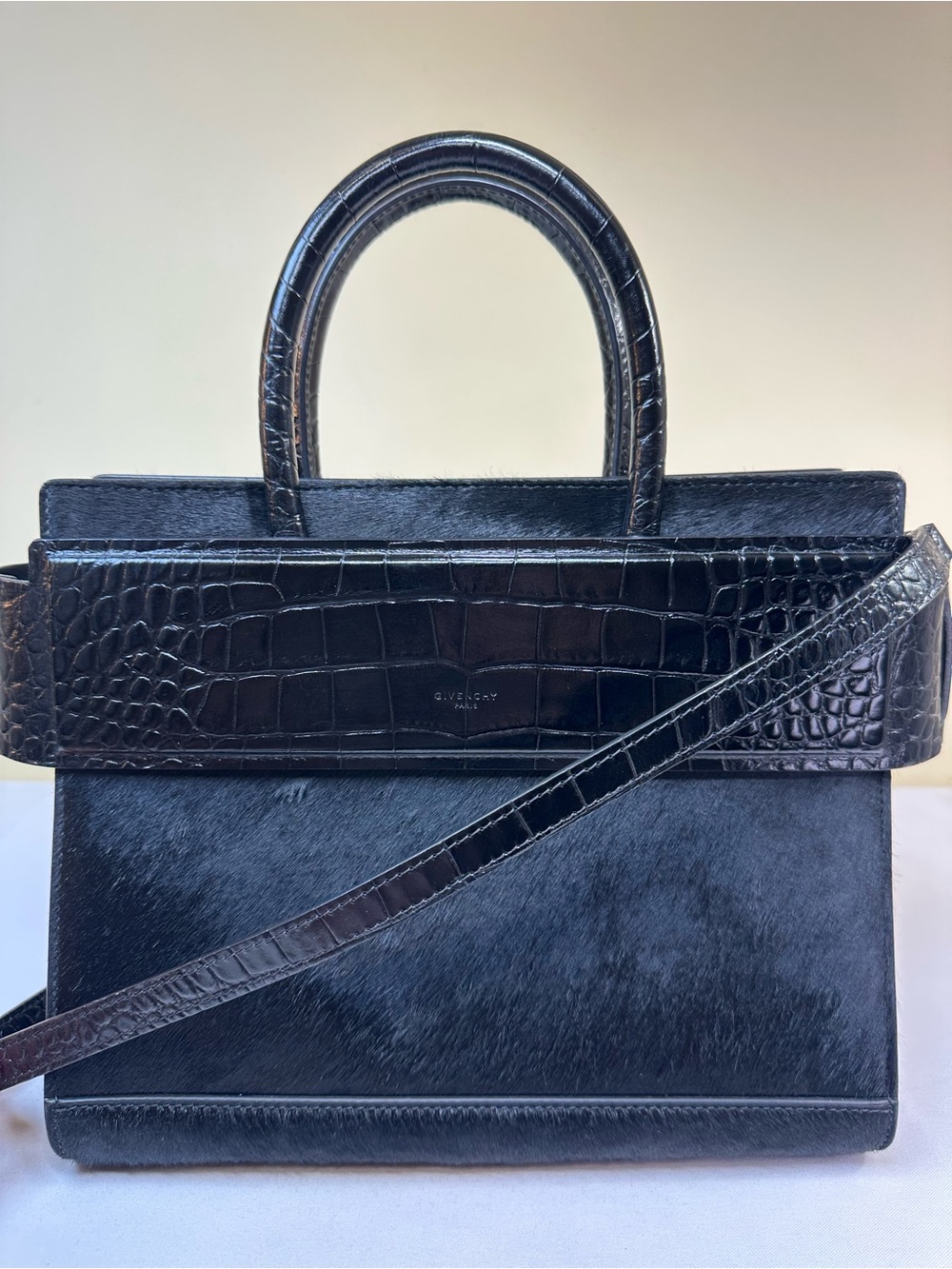 Givenchy Horizon Black Croc Embossed & Pony Hair Bag w/ Strap COA